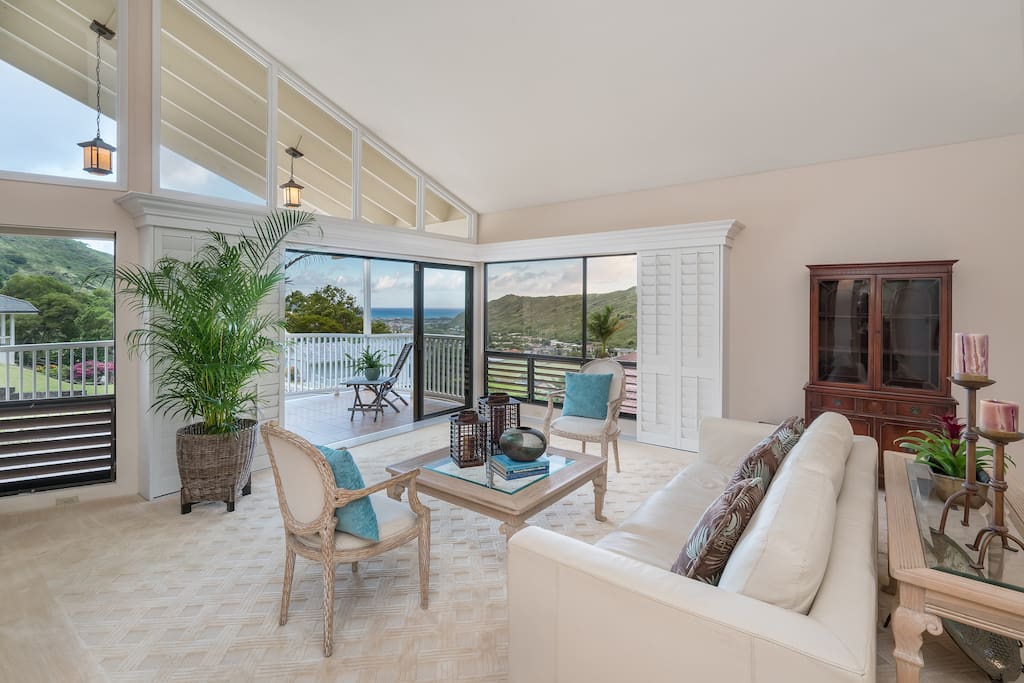 Big living room with ocean mountain view.