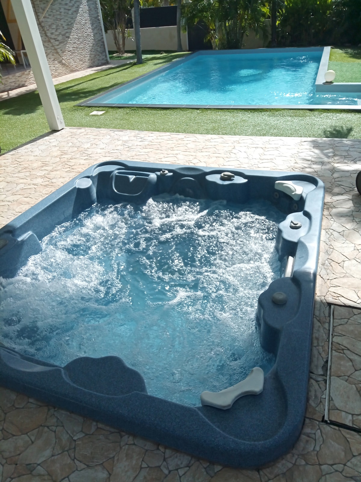 A spacious hot tub is positioned adjacent to a serene salt-water pool, both surrounded by lush greenery. The bubbling water and smooth edges of the hot tub invite relaxation, while the pool features a clear blue surface reflecting sunlight.