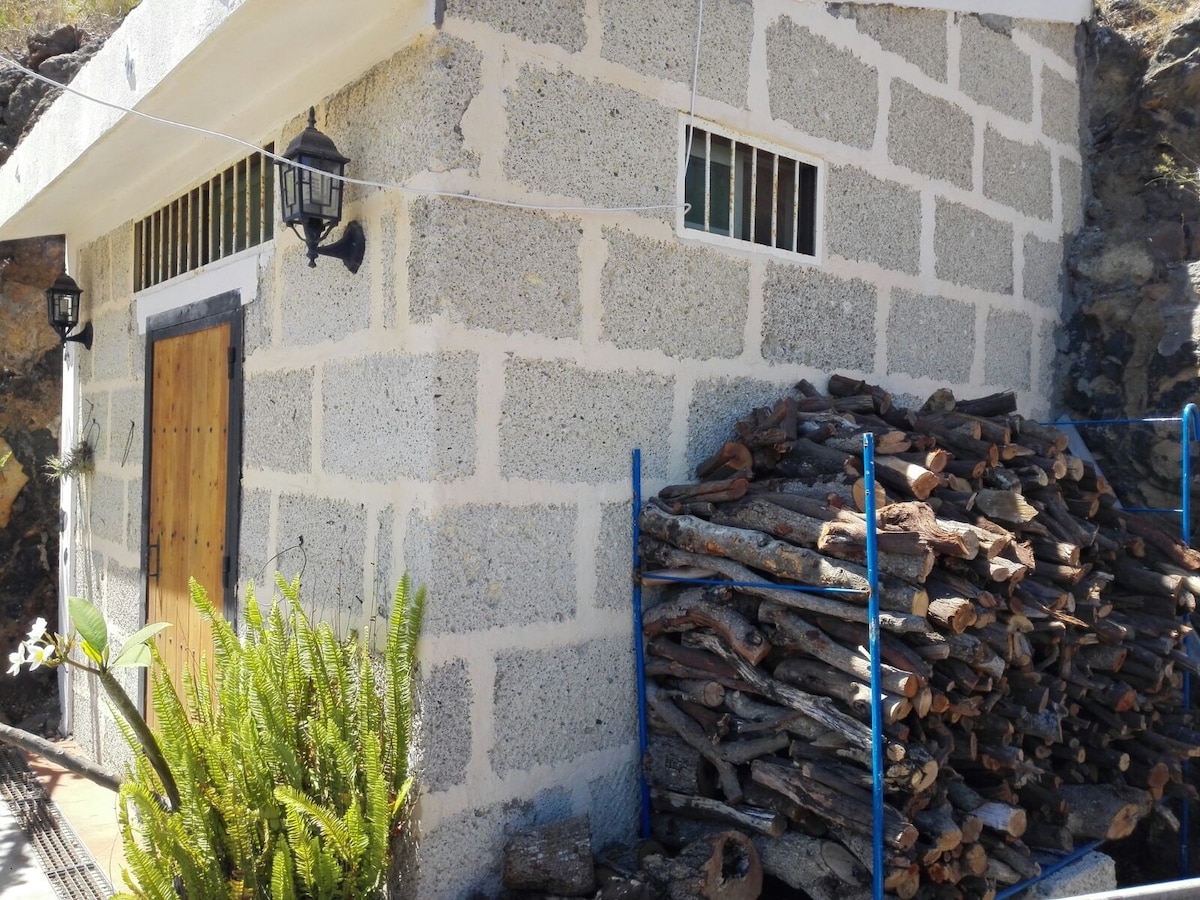 The exterior of a rural cave house is visible, featuring a sturdy wooden door and several windows along the upper section. A stack of firewood is neatly organized beside the structure, accompanied by a green plant in the foreground. The wall displays a stone finish.