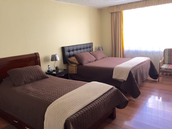 Изключително просторна и светла родителска стая, идеална за малко семейство или приятели, двойно легло (2 бр. 1/2) за 2 - ма души и 1 бр. 1/2 легло за 1 човек има ексклузивна баня за тази стая 