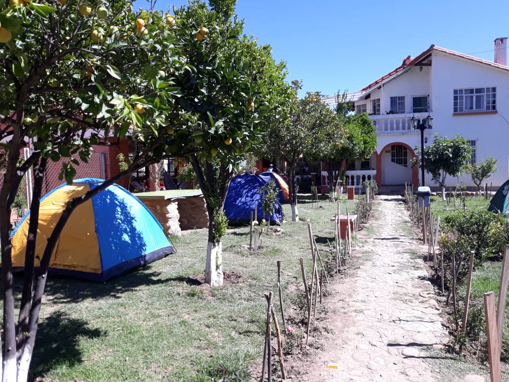 A pathway lined with small trees leads towards a charming two-story house, surrounded by green grass. Colorful tents are set up on either side, offering a space for outdoor relaxation. The bright sky enhances the serene atmosphere of the outdoor area.