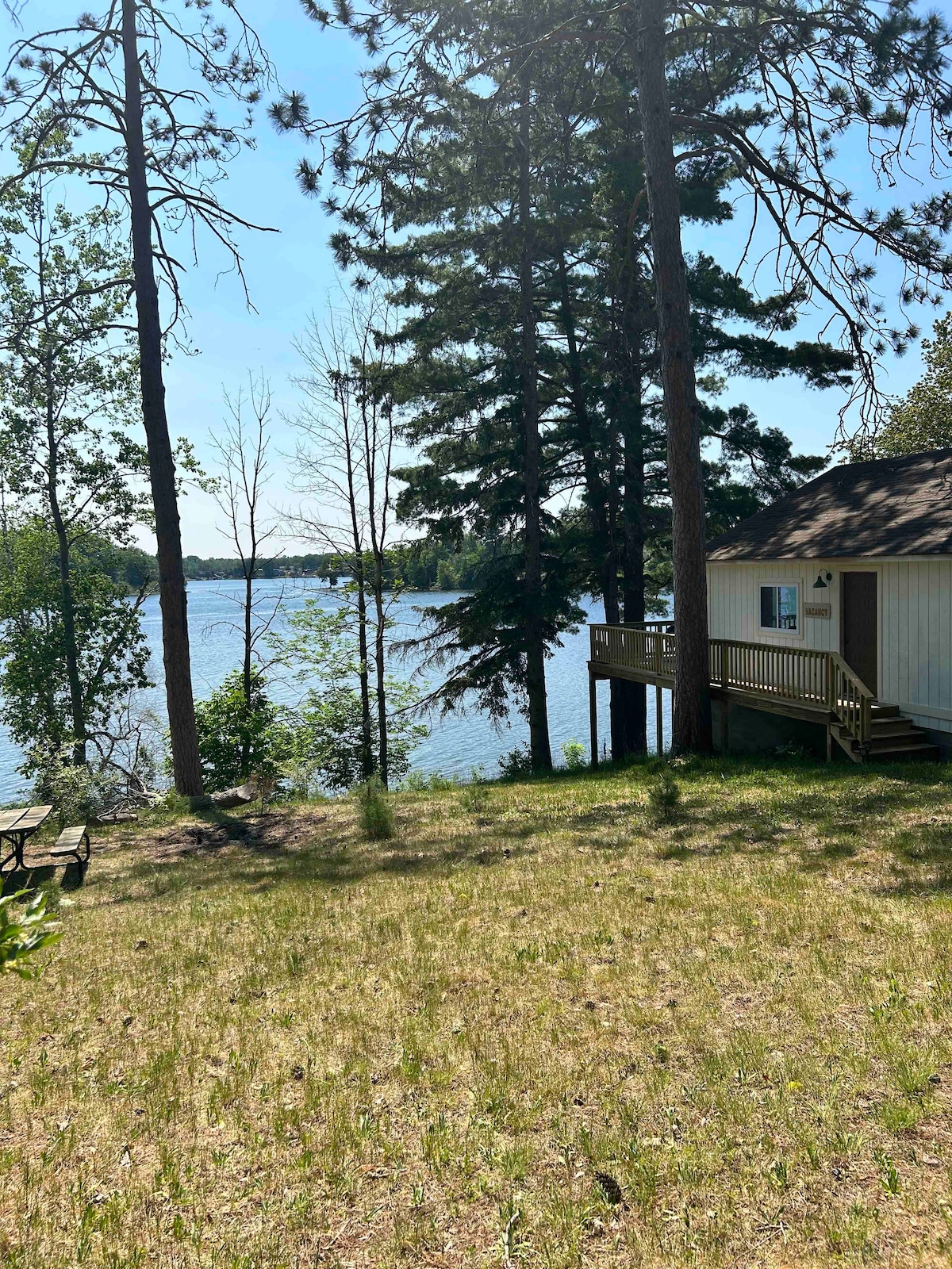A view of the cottage stands among tall trees, with a grassy area leading to the lake. The water reflects the sunlight, providing a serene atmosphere. A picnic table is visible nearby, situated on the shaded ground.