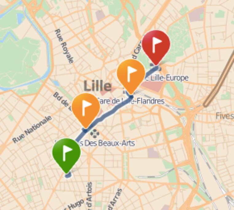 Trajets Gare Lille-Europe / Gare Lille-Flandres / Place de la République / maison