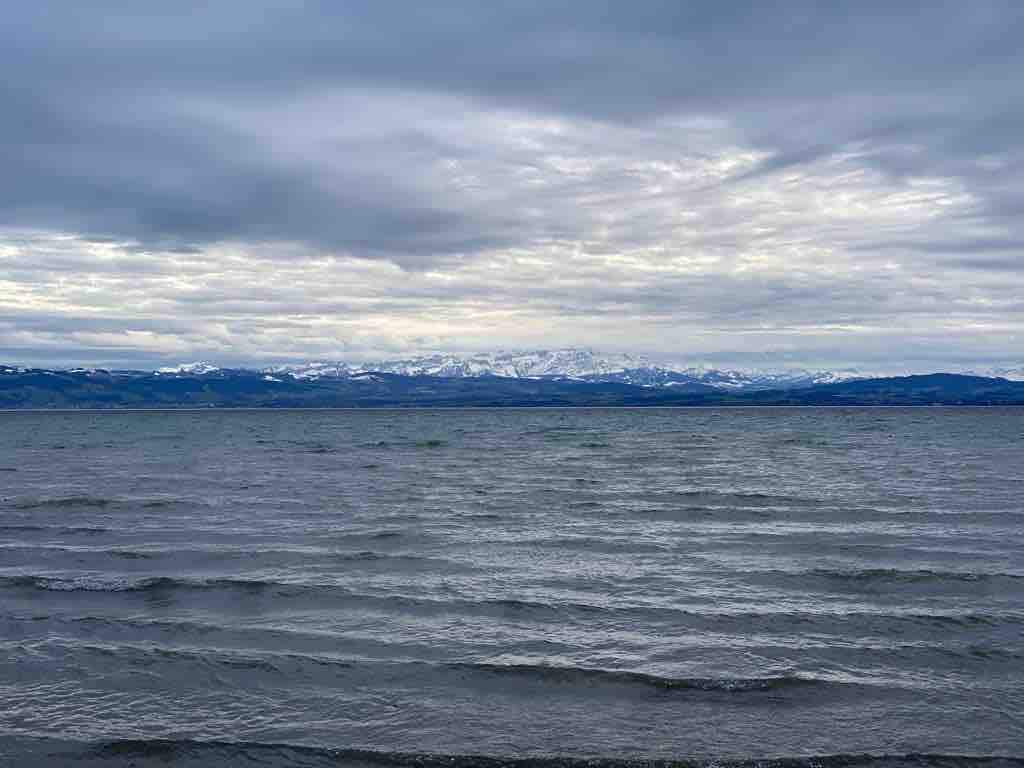 The image captures a serene view of a lake with gentle waves. Cloudy skies create a soft, muted light over the water, while distant snow-capped mountains are visible on the horizon. The natural landscape evokes a sense of tranquility and openness.