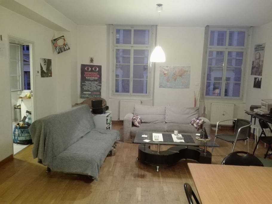 Living Room. Couch can be converted to a 2-person bed. Salon avec canapé clic clac.