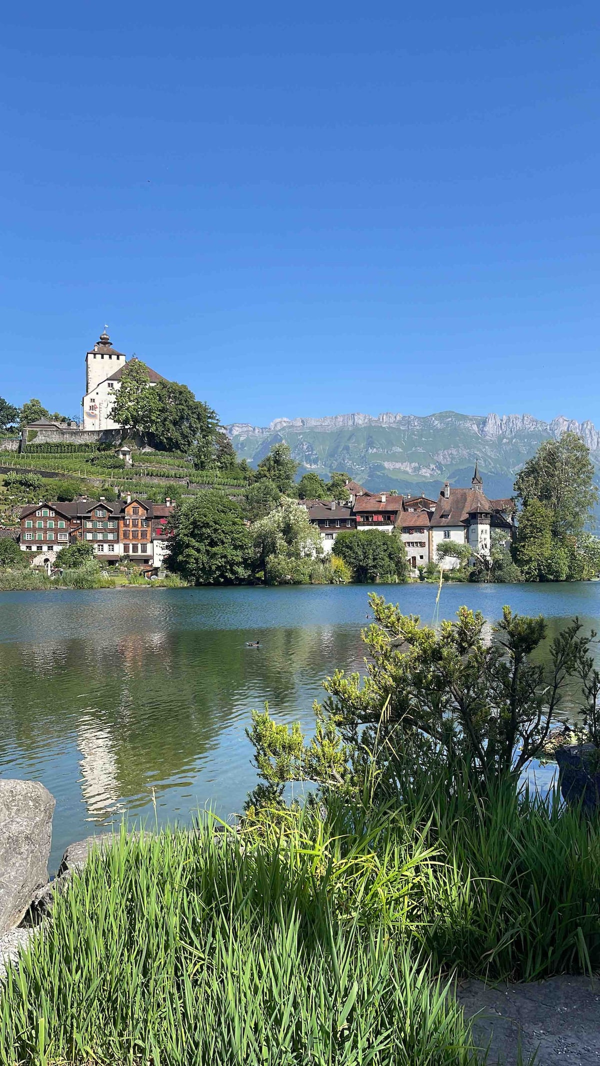 The serene landscape features a calm lake reflecting a hillside adorned with historic buildings. A mix of lush greenery and colorful architecture contrasts against the backdrop of the mountains under a clear blue sky.