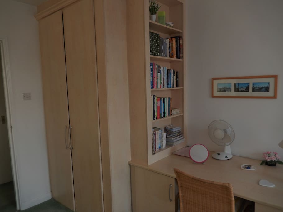 The desk and wardrobe.