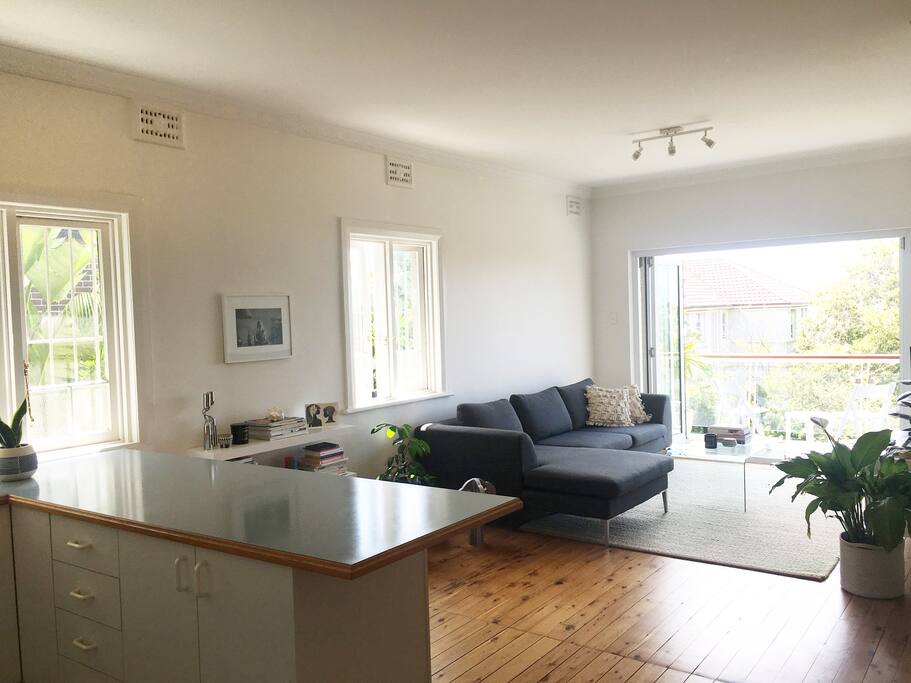 Open plan kitchen/lounge with large breakfast bar