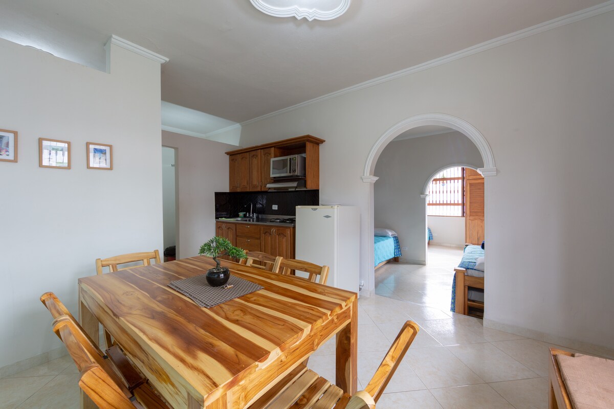 A spacious dining area features a wooden table surrounded by chairs, offering a natural finish. The kitchen area displays wooden cabinetry, and a refrigerator is positioned alongside a microwave. An arched opening leads to a separate sleeping area, enhancing the apartment's open layout.