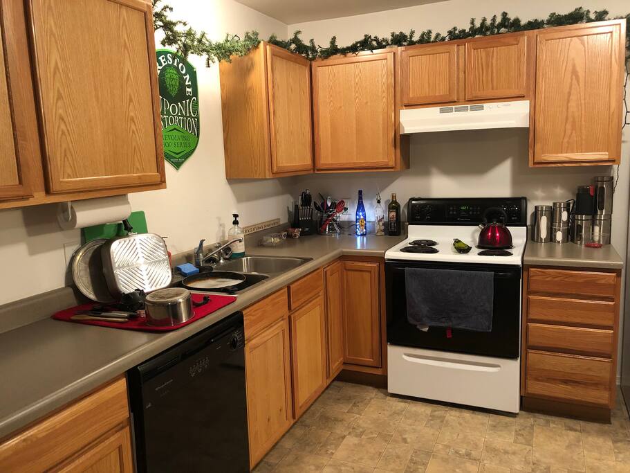 Kitchen with full size fridge, stove, and dishwasher. Pots, pans, dishes, and tools for any cooking needs as well as a full spice set.