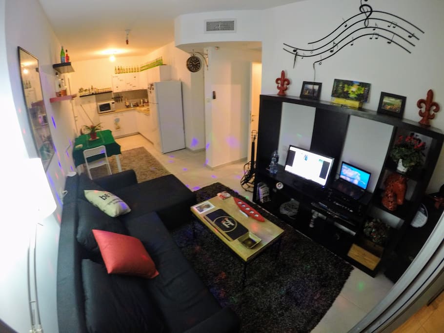 A view of the shared living room and the kitchen