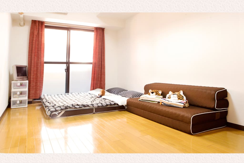 The sofa in this room can be a twin bed.
房间里的沙发床,既可以当沙发,也可以当双人床。