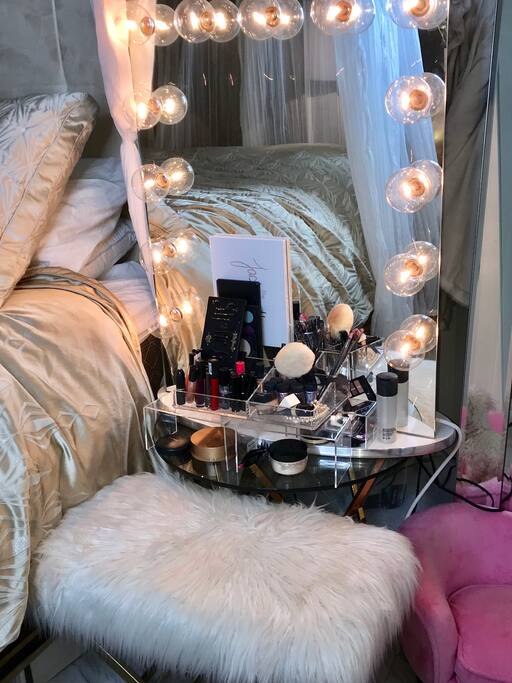 Lighted vanity mirror with makeup for filming scene