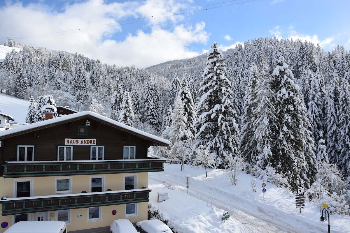 The exterior of Haus Andre is shown, nestled against a backdrop of snow-covered trees and a clear sky. The building features multiple balconies, and the surroundings are blanketed in fresh snow, conveying a serene winter landscape.