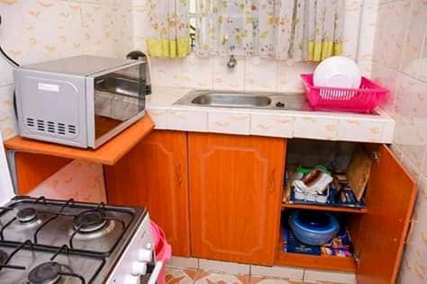 A compact kitchen features wooden cabinetry and a stainless steel sink. A microwave is positioned on the countertop beside a gas stove. A pink dish rack holds clean plates, while open cabinetry reveals various storage items, demonstrating a practical and functional cooking space.