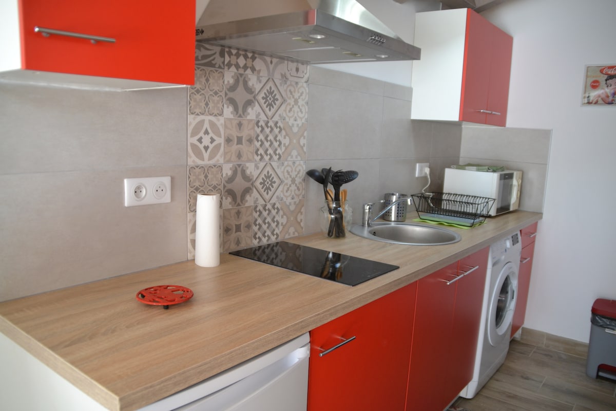 The kitchen features red cabinetry contrasting with gray tiles. A stainless steel sink is placed beside a modern induction cooktop. Appliances include a washing machine and additional storage, with utensils organized in a holder. A decorative plate adds a touch of color to the countertop.