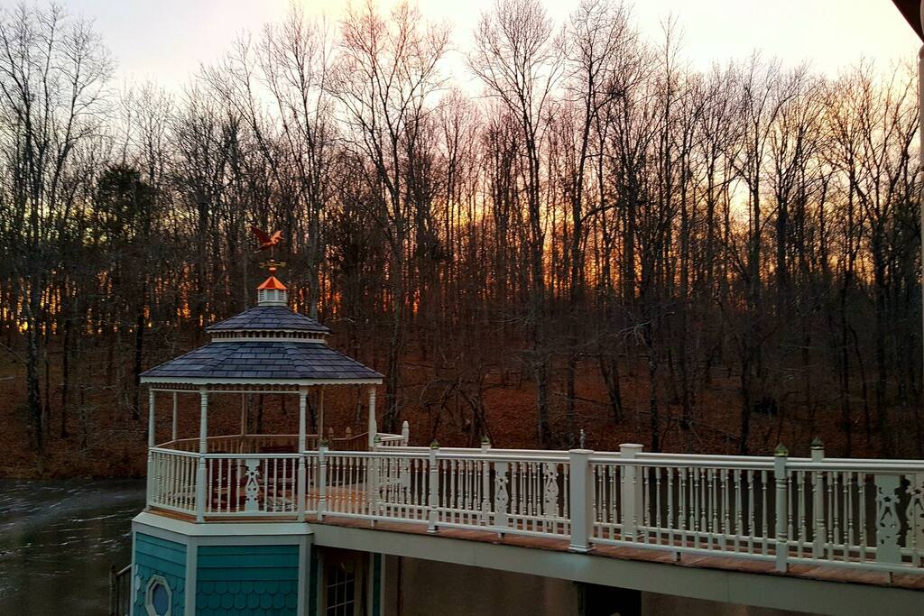 Sit in the gazebo out on the pond and feed the fish.