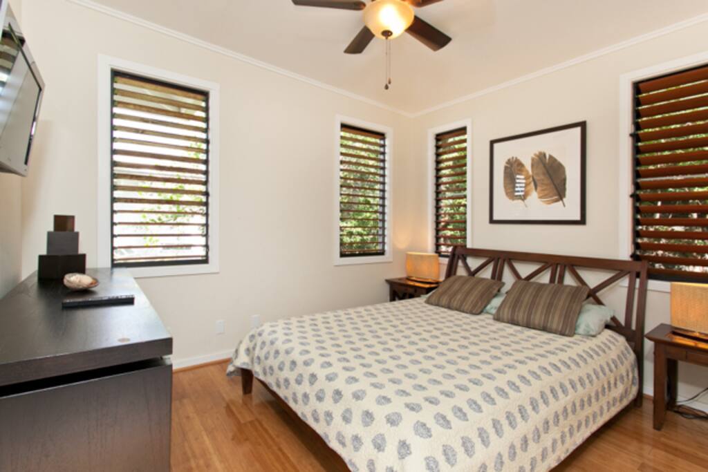 Bedroom #2 with dresser, TV and super airy and comfortable