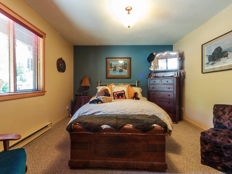 Cherry wood dresser, suitcase trunk, chairs and sheepskin