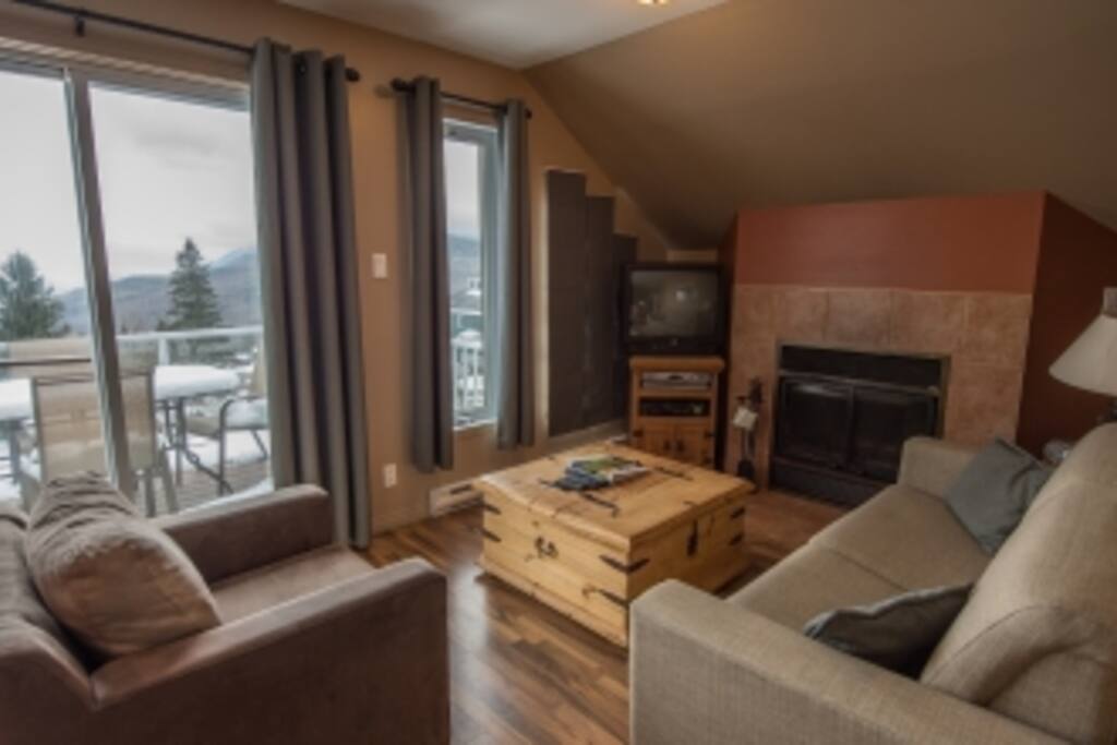Salon avec foyer au bois