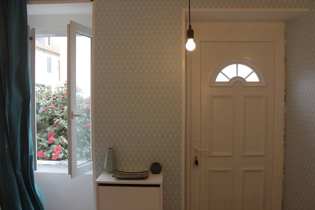 Porte d'entrée et fenetre donnant dans le salon.
