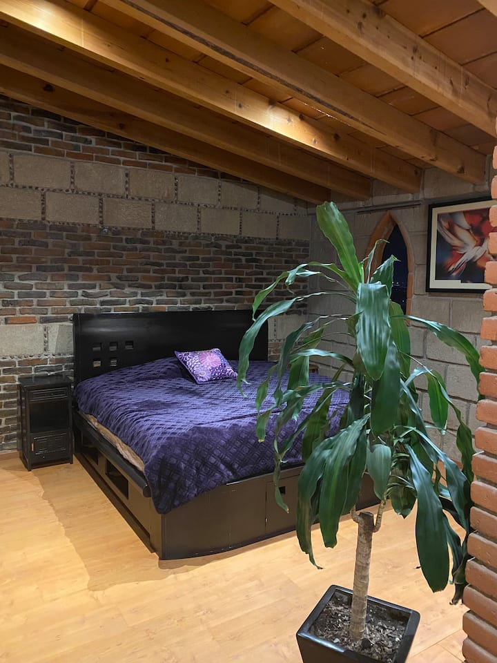 -King ukubwa kitanda bwana chumba cha kulala na matandiko na roshani.