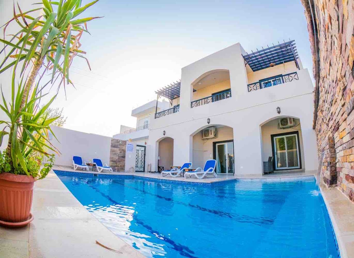 A refreshing pool is bordered by a spacious patio, featuring sun loungers for relaxation. The exterior of the villa showcases modern architecture with large windows providing views into the interior. Green plants in terracotta pots add a natural touch to the serene atmosphere.
