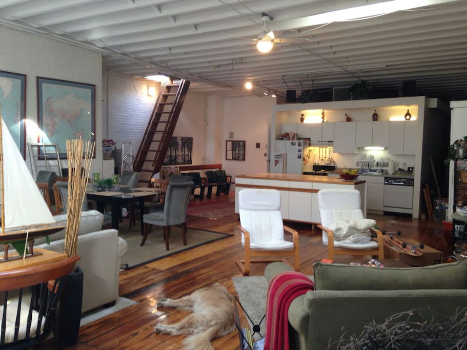 The view of the main loft space, from the piano
