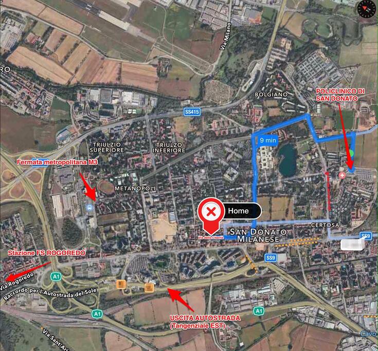 Next to the tube, the railway station, the Milano Linate airport and the highway. A 9 minuti dal policlinico di S. Donato