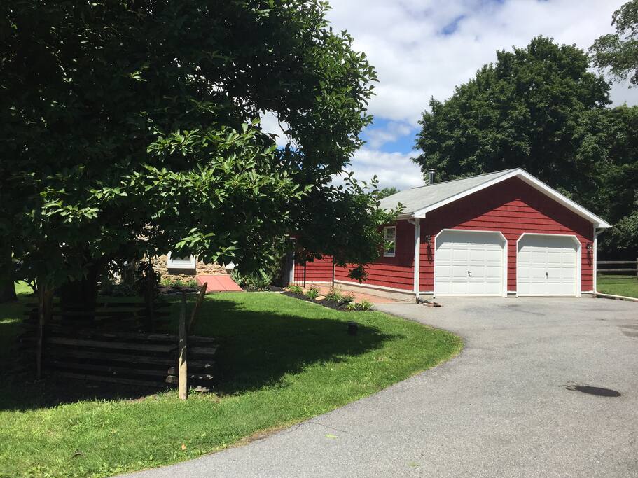 Exterior of the farmhouse, as seen from the driveway