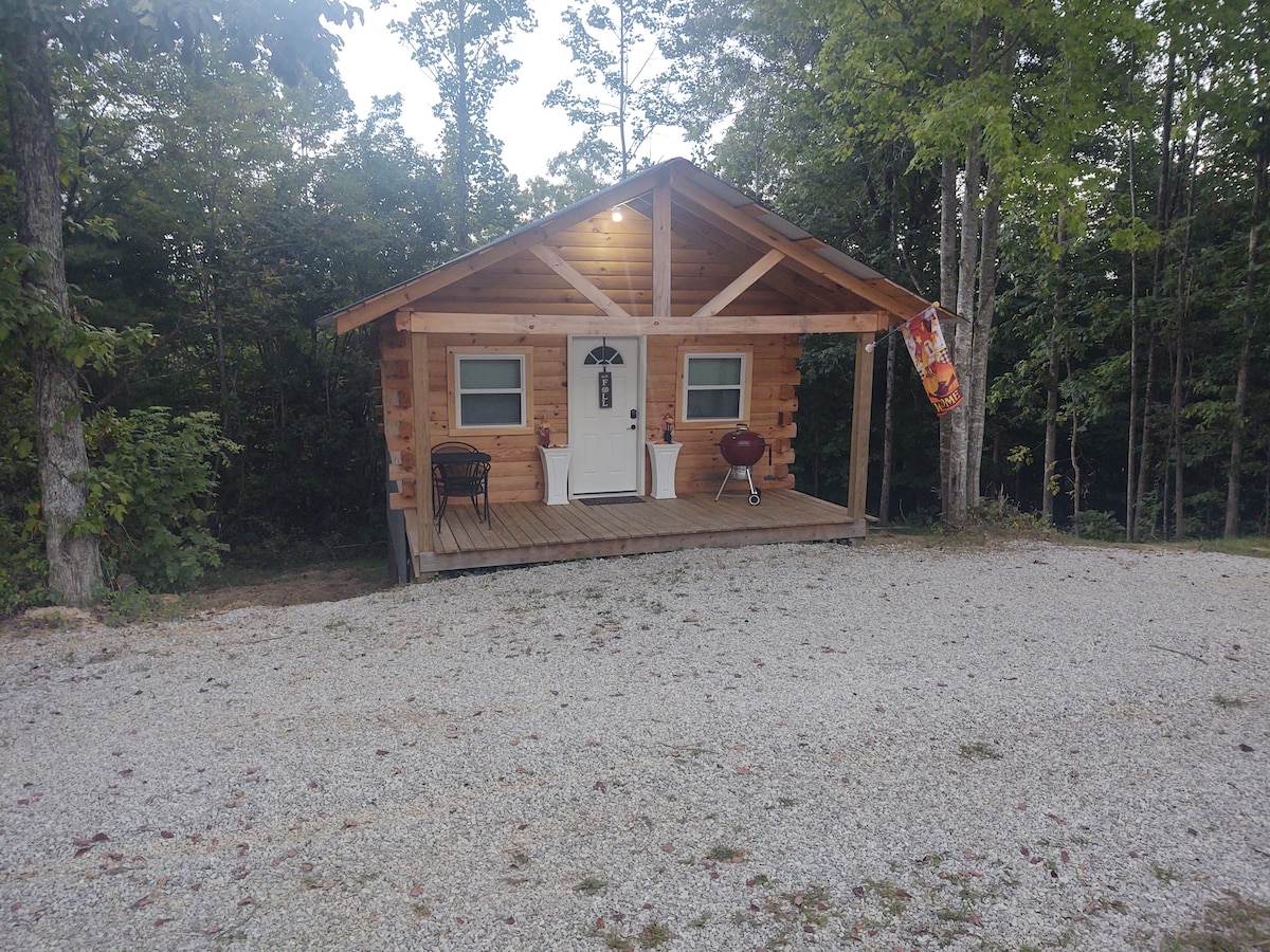A charming log cabin is nestled among trees, featuring a front porch with two chairs and a grill. The cabin showcases a wooden exterior with warm tones and a welcoming door, providing a serene setting in nature.