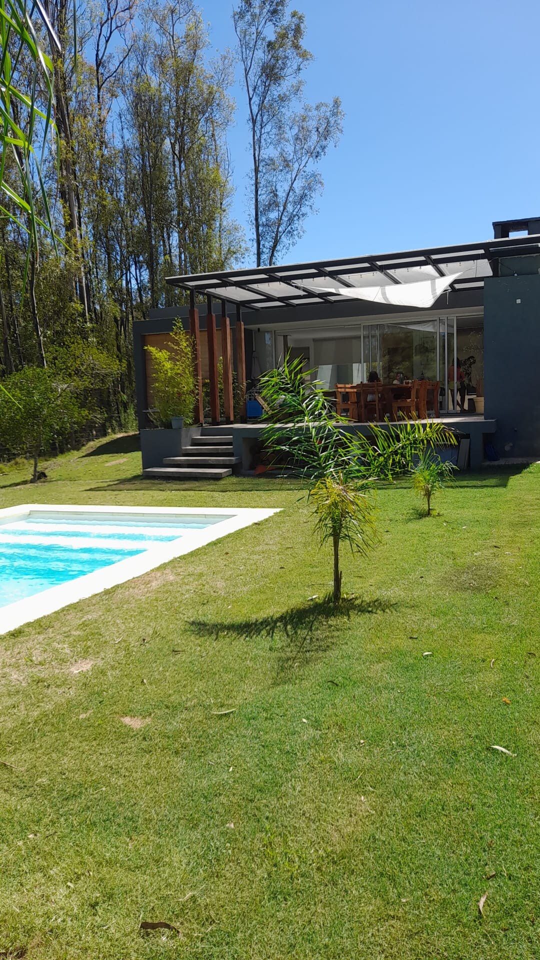 A modern building with a glass-covered terrace is surrounded by greenery and features a turquoise swimming pool. The pool area has neatly manicured grass and small trees, creating a serene outdoor space for relaxation.