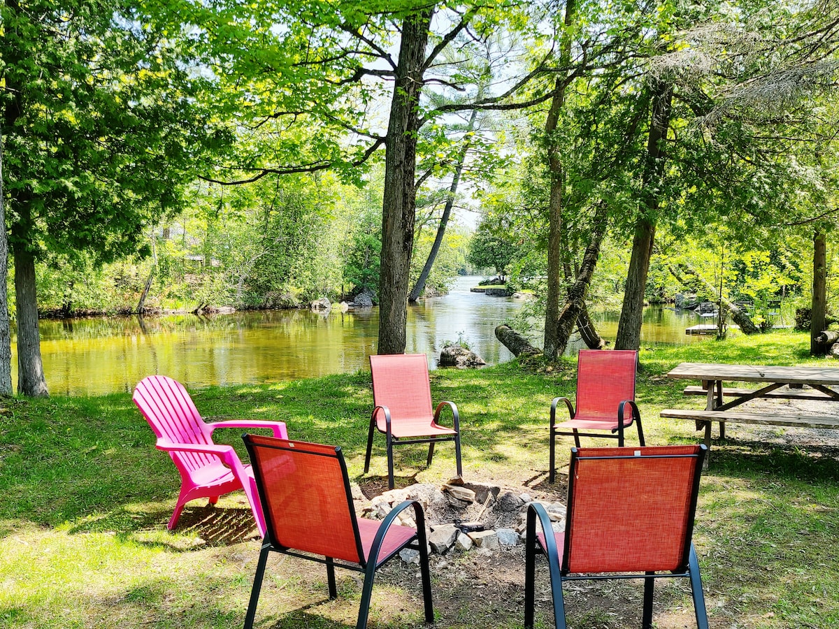 A serene outdoor setting features a circle of four chairs surrounding a fire pit, with a pink chair adding a pop of color. Lush green trees provide shade, and the calm waters of the lake are visible in the background, creating a restful atmosphere.