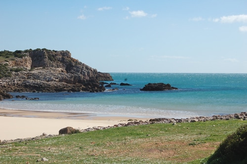 A serene beach scene showcases a gentle shoreline meeting turquoise waters, framed by rocky outcrops and verdant vegetation. The calm waves lap against the sandy beach, offering a tranquil atmosphere enhanced by clear blue skies, inviting relaxation and connection with nature.