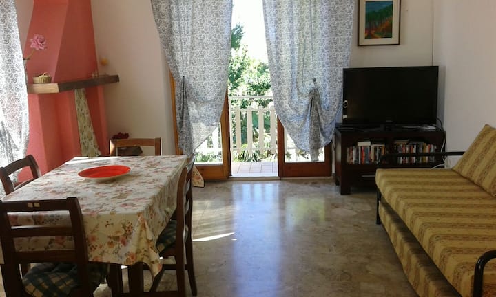 Woonkamer met slaapbank en flatscreen-tv