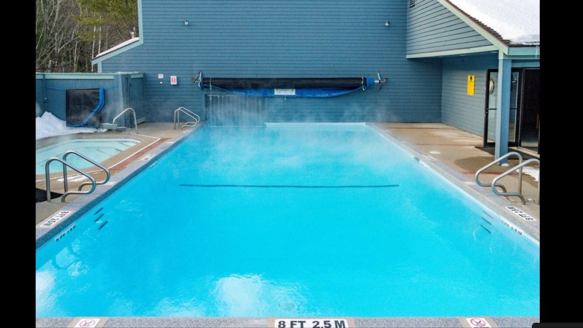An outdoor pool is depicted, featuring clear blue water with steam rising above its surface. The pool area includes a hot tub adjacent to it. The surrounding building is painted in cool tones, complementing the serene atmosphere.