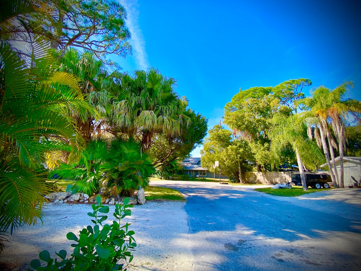 A quiet cul-de-sac is lined with lush palm trees and greenery, creating a serene environment. A clear blue sky and bright sunlight enhance the inviting atmosphere of the neighborhood. A glimpse of nearby homes can be seen in the background, framed by the natural foliage.