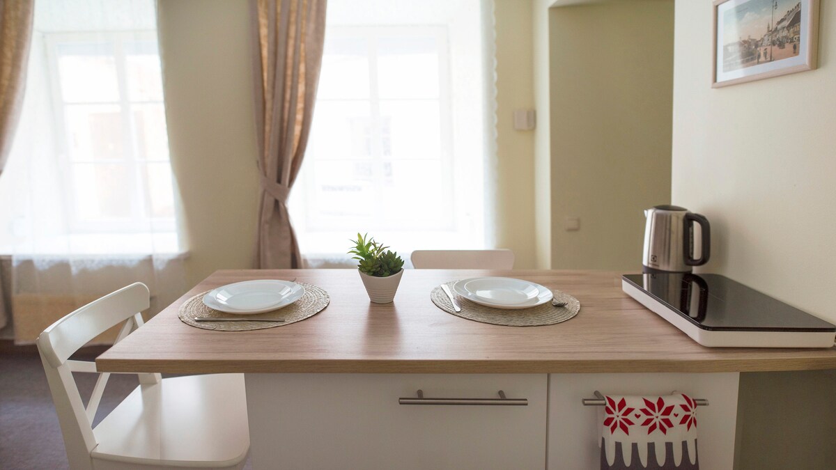 A minimalist kitchen area features a wooden countertop with two place settings and a small potted plant in the center. An electronic kettle is positioned beside an induction hob, with light streaming in through a large window adorned with sheer curtains.