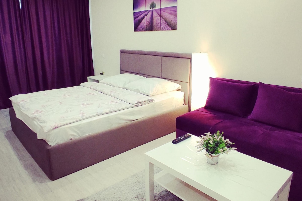 A spacious sleeping area features a large bed dressed in light linens, complemented by a purple couch and a white coffee table. A soft area rug lies beneath, and a decorative plant adds a touch of greenery. A piece of wall art enhances the serene ambiance.
