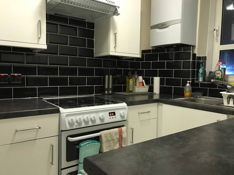 The shared kitchen space.