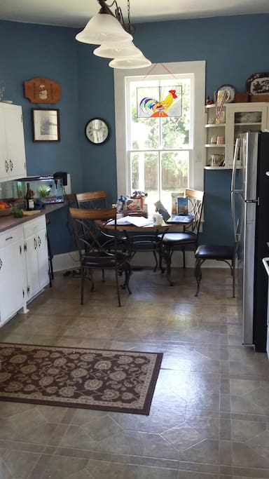 Kitchen with homemade stained glass rooster from Key West...