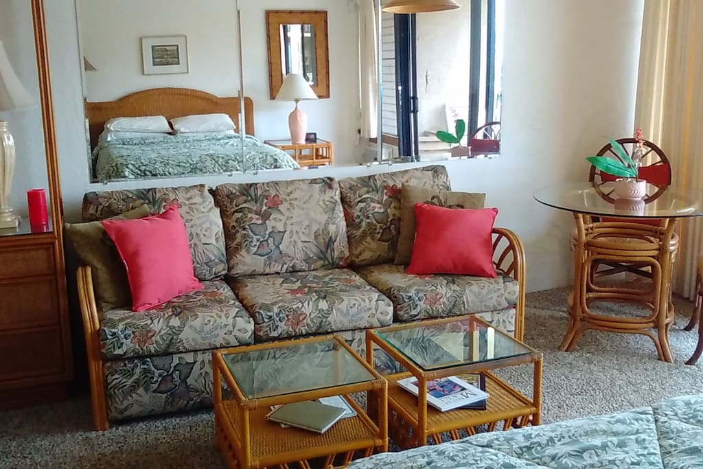 Comfy tropical sofa, pull out sofa bed in living room.
