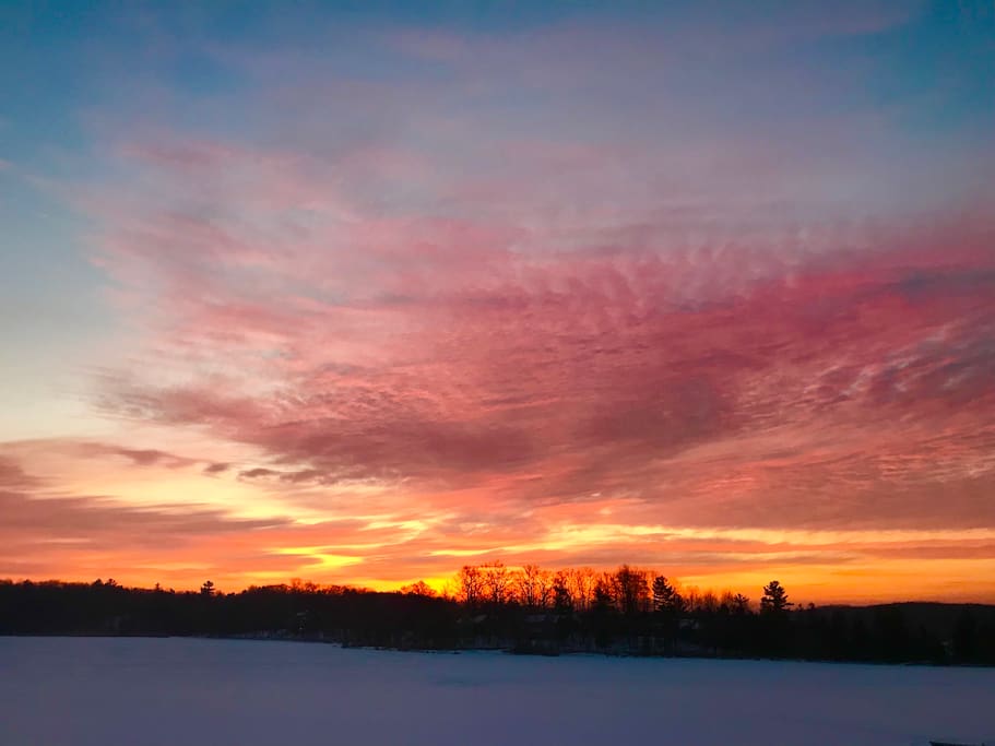 Just as beautiful in the winter months. Ice fishing & ice skating. We clear an area for skating so bring your ice skates and pack a sled there’s a perfect hill to sled right to the lake.
