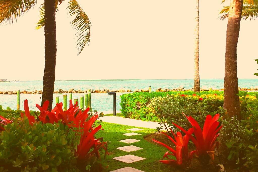 view from living room. double/french glass doors open up to this walkway towards the water