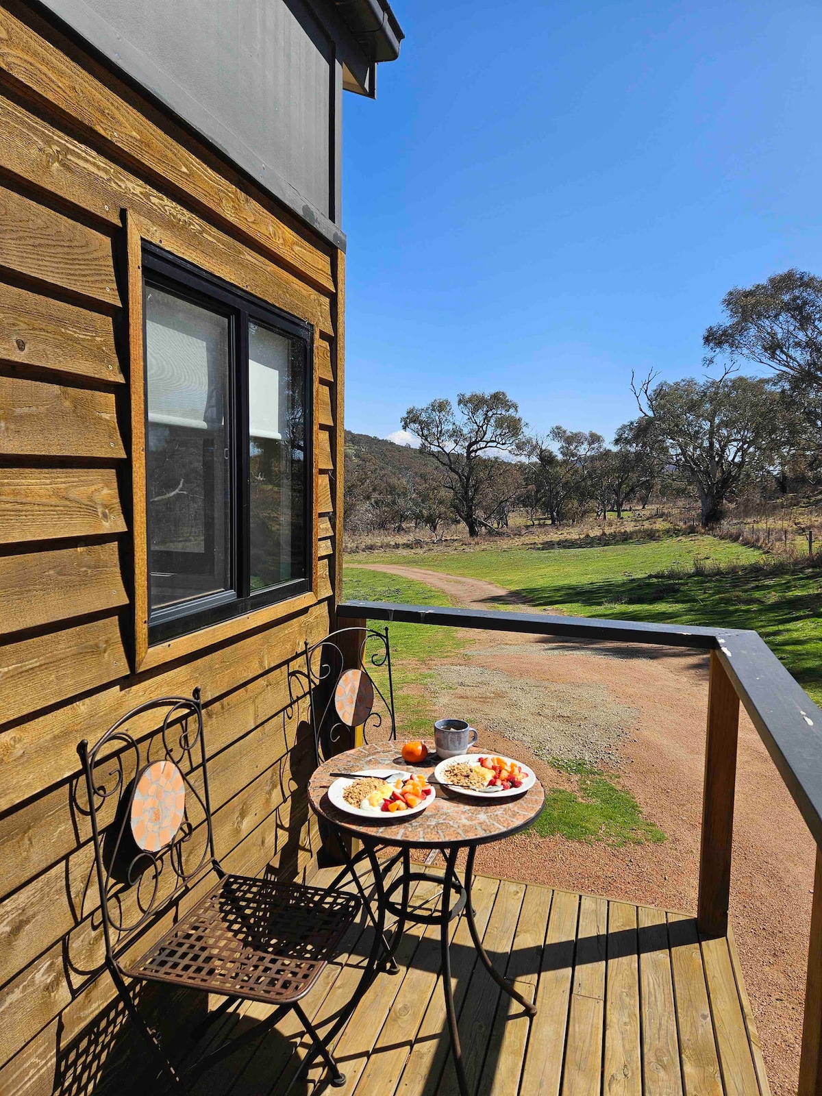 A small deck features a round table with two chairs, holding a plate of fresh fruit and a drink. The scene is complemented by a clear blue sky and a view of the surrounding field and trees.