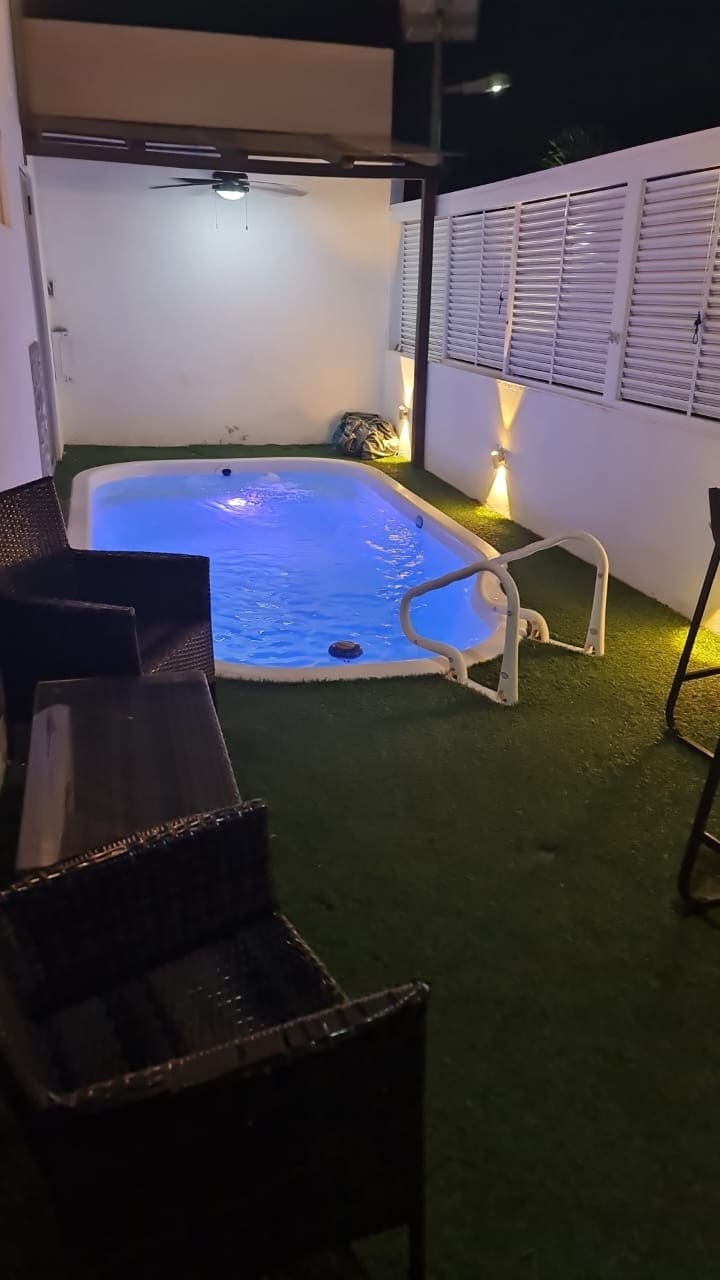 An inviting small pool is surrounded by artificial grass, creating a relaxed outdoor space. Subtle lighting illuminates the area, enhancing the ambiance. Comfortable wicker seating is positioned nearby, offering a spot to enjoy the surroundings.