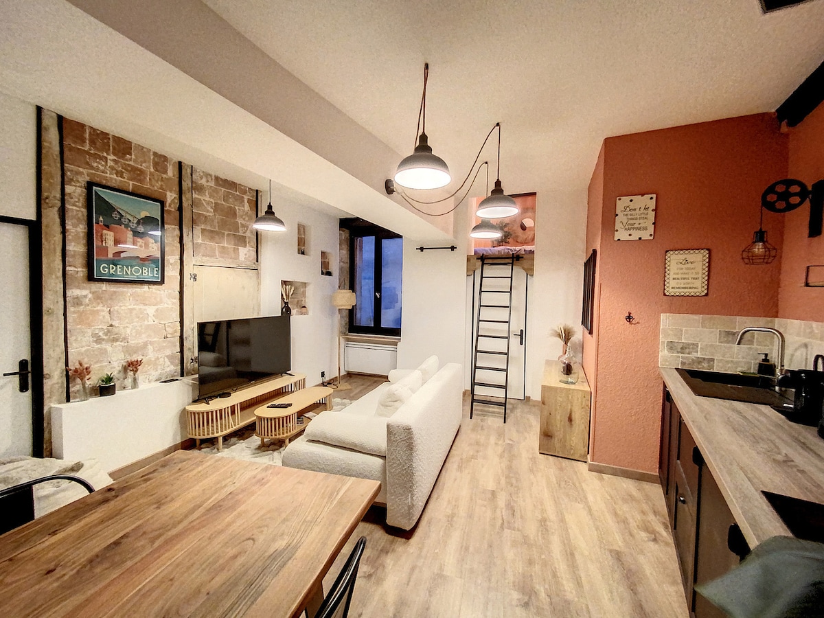 The living area is designed with a mixture of industrial and bohemian styles. A comfortable sofa faces a wall-mounted television, with a wooden dining table in the foreground. Exposed brick and colorful accents contribute to the cozy ambiance. A ladder leads to the mezzanine sleeping area.