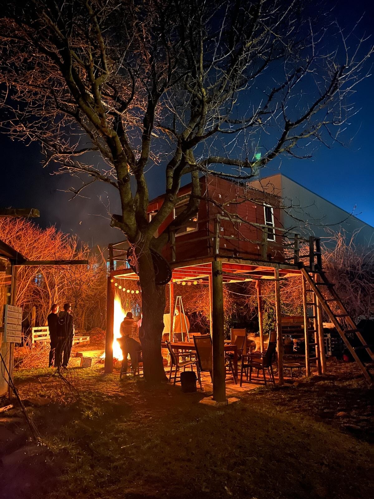 A treehouse stands elevated among branches, illuminated by a warm campfire nearby. Wooden steps lead to the entrance, while a dining area below is furnished with tables and chairs. The surrounding scene is bathed in soft, ambient light, creating a cozy and inviting atmosphere.