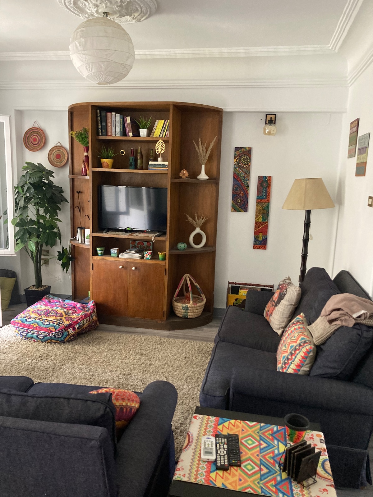 A living room area features a cozy arrangement of dark sofas adorned with colorful cushions. A wooden bookshelf displays decorative items and a television. A tall lamp stands next to the seating, while a plant adds a touch of greenery. A textured rug covers the floor.