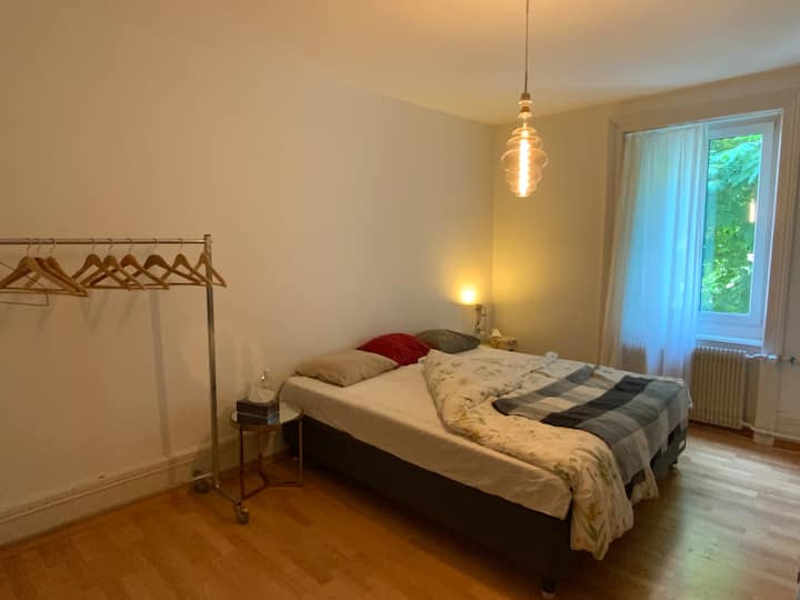 Удобно легло с пружинен матрак (180 см) и много места за съхранение на дрехите ви. Прозорецът се отваря към тих заден двор. 